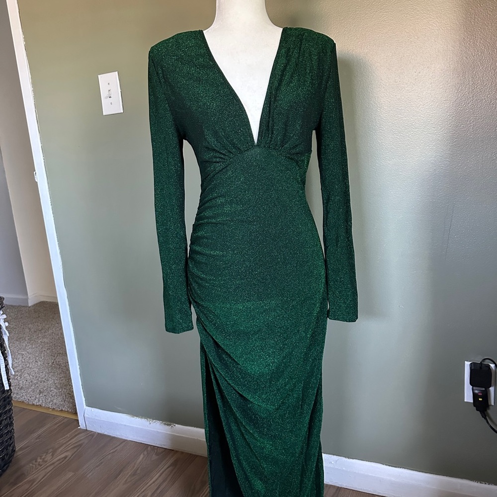 Shein Emerald Green Shimmer Maxi Dress Long Sleeve V-Neck L
